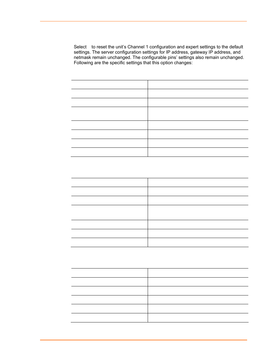 Default settings (option 7), Channel 1 and channel 2 configuration defaults, Expert settings defaults | Security settings defaults | Lantronix UDS2100 User Manual | Page 59 / 83