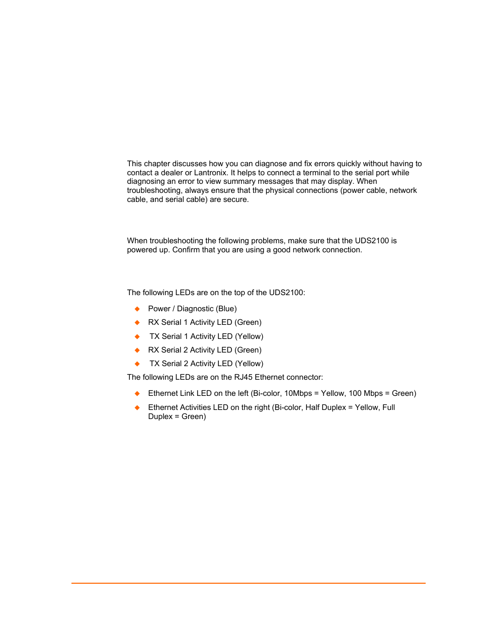 Troubleshooting and contact information, Leds, Troubleshooting and | Contact information | Lantronix UDS2100 User Manual | Page 66 / 83