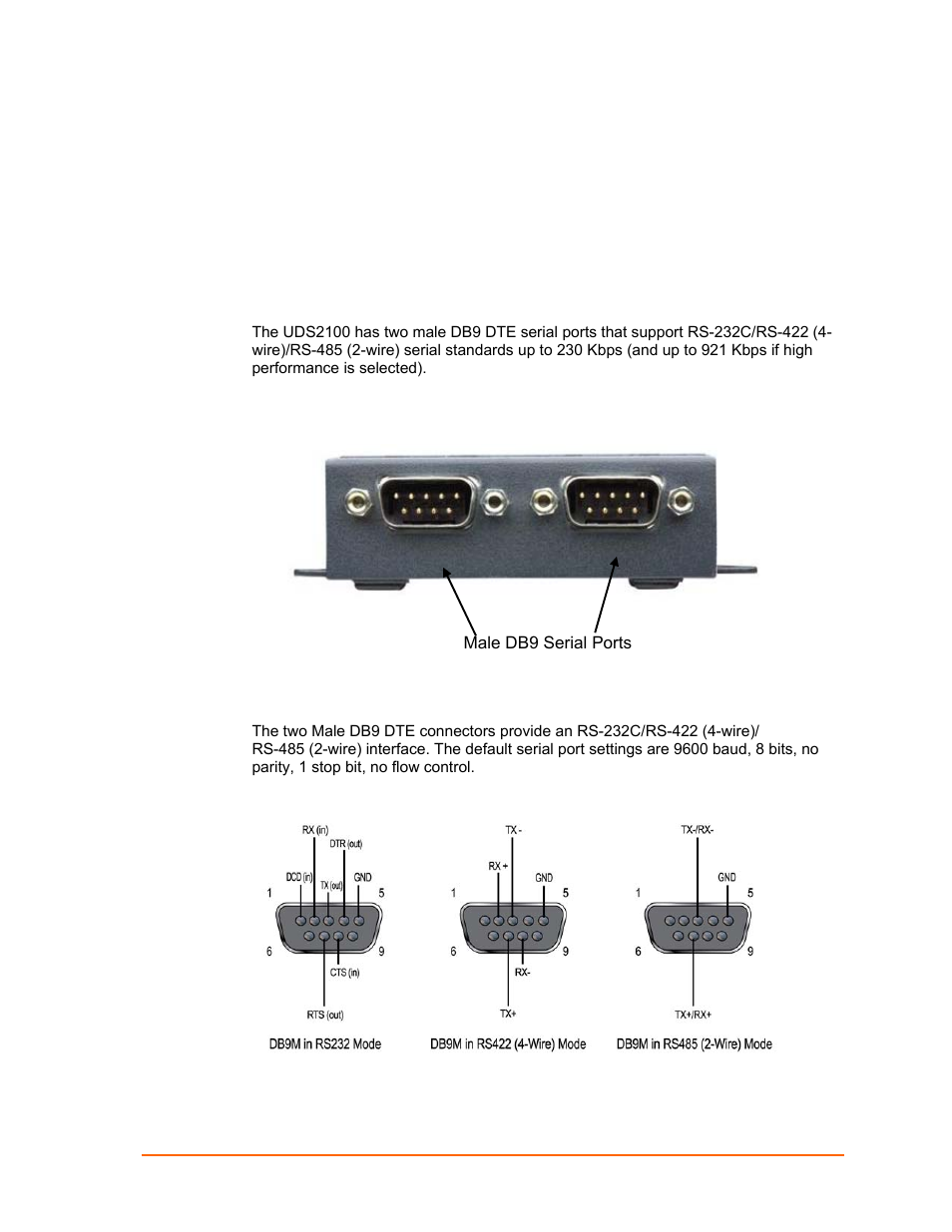 Connections and pinouts, Uds2100 serial ports, Serial connector pinouts | Figure 12-1. serial interface, Figure 12-2. db9 male rs232 serial dte connector | Lantronix UDS2100 User Manual | Page 71 / 83