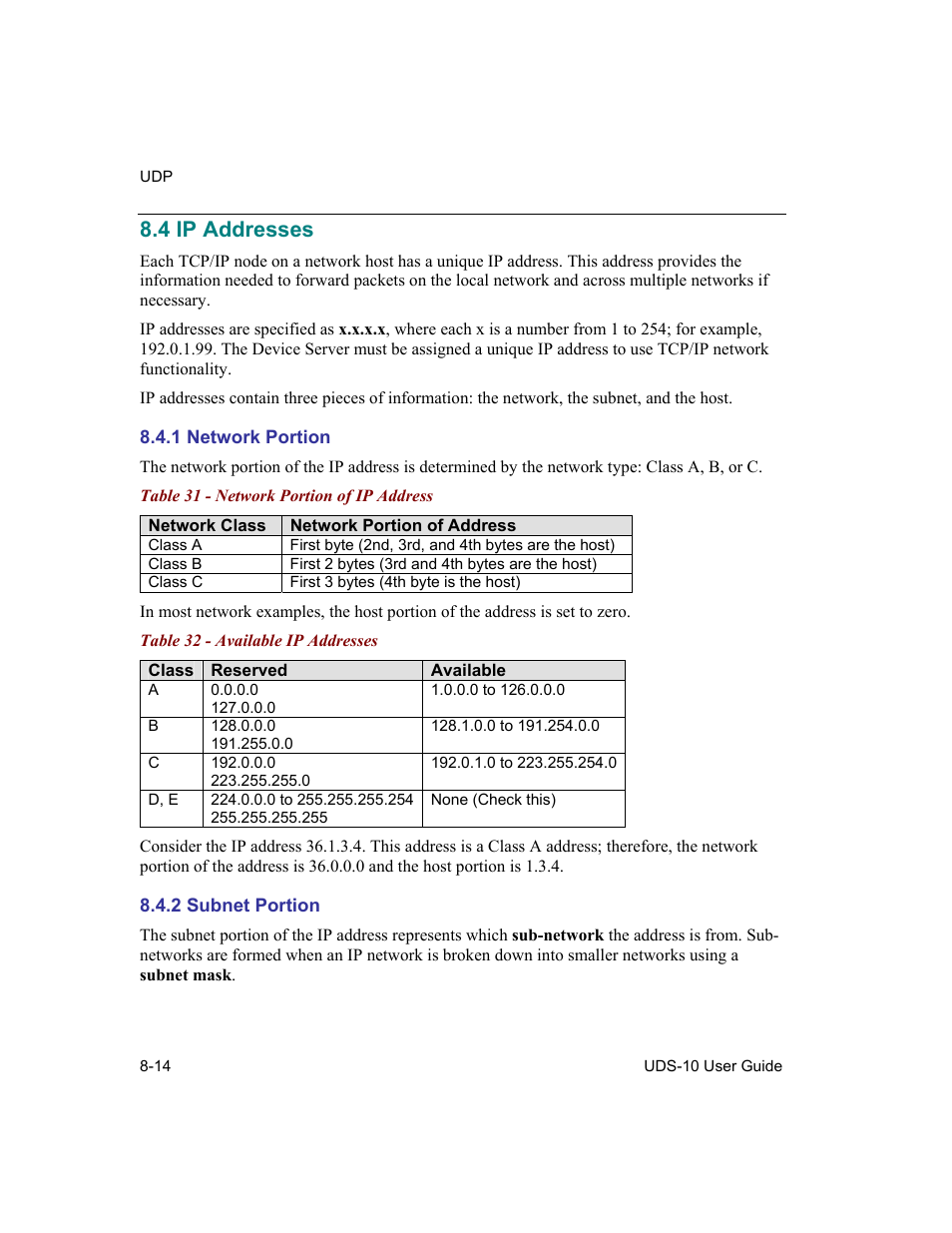 Ip addresses, Network portion, Subnet portion | 4 ip addresses -14, 1 network portion -14, 2 subnet portion -14, Table 31 - network portion of ip address -14, Table 32 - available ip addresses -14, 4 ip addresses | Lantronix Device Server UDS 10 User Manual | Page 100 / 139