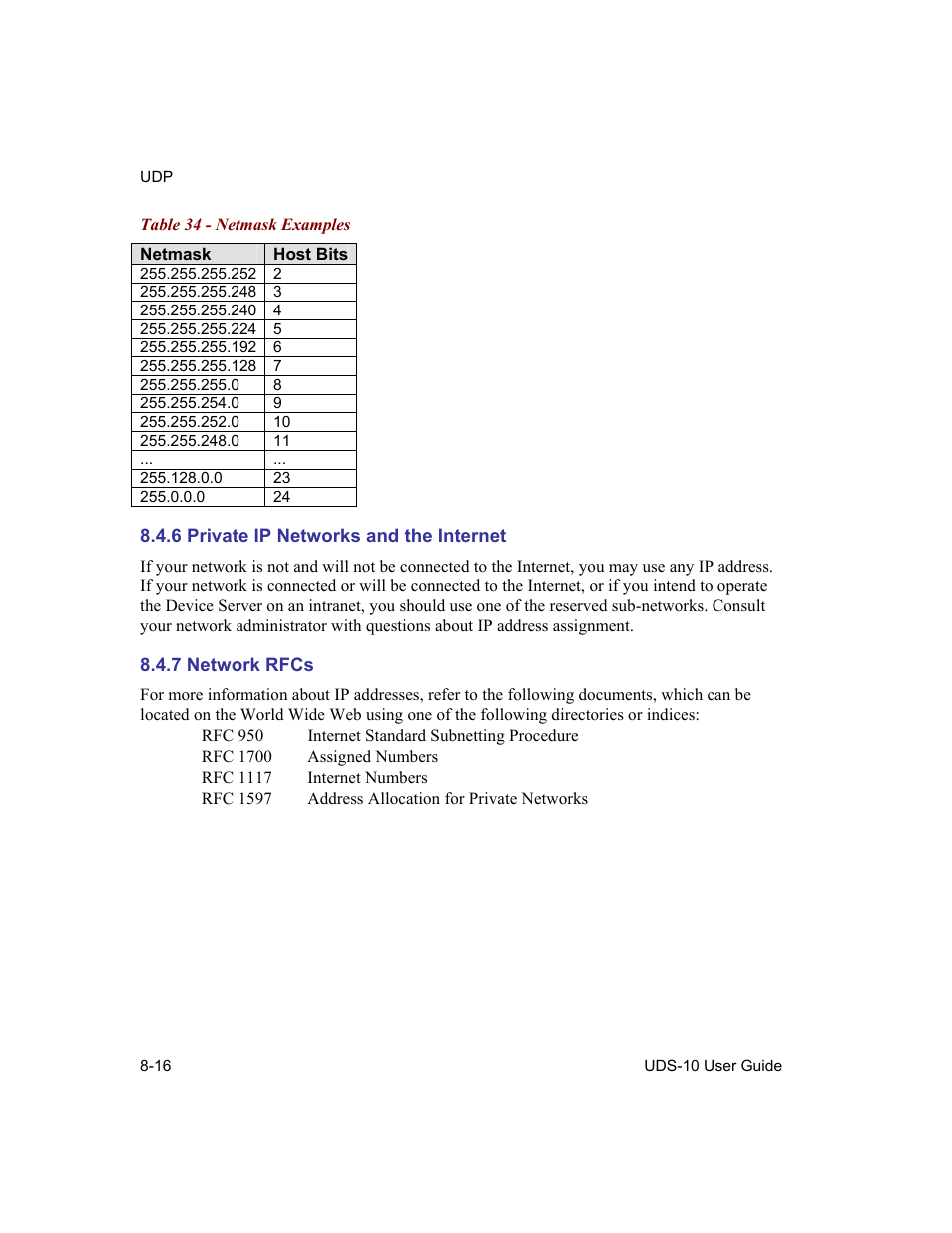 Private ip networks and the internet, Network rfcs, 6 private ip networks and the internet -16 | 7 network rfcs -16, Table 34 - netmask examples -16 | Lantronix Device Server UDS 10 User Manual | Page 102 / 139