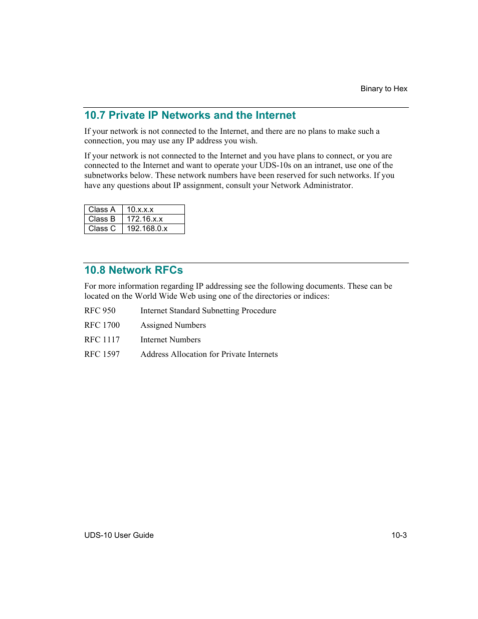 Private ip networks and the internet, Network rfcs, 7 private ip networks and the internet -3 | 8 network rfcs -3, 7 private ip networks and the internet, 8 network rfcs | Lantronix Device Server UDS 10 User Manual | Page 121 / 139