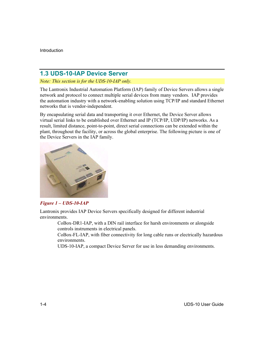 Uds-10-iap device server, 3 uds-10-iap device server -4, Figure 1 – uds-10-iap -4 | 3 uds-10-iap device server | Lantronix Device Server UDS 10 User Manual | Page 18 / 139