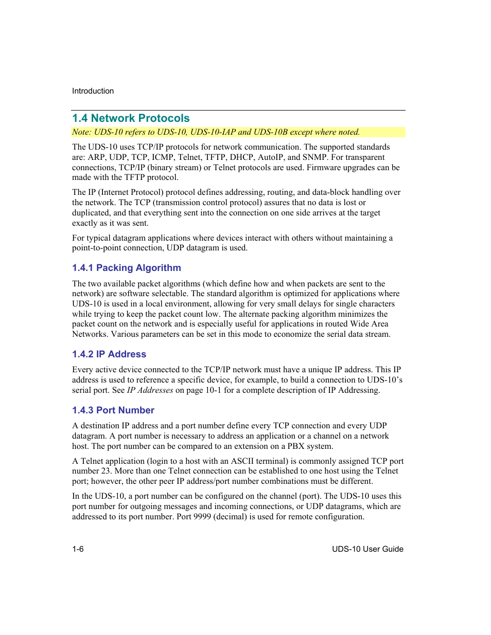 Network protocols, Packing algorithm, Ip address | Port number, 4 network protocols -6, 1 packing algorithm -6, 2 ip address -6, 3 port number -6, 4 network protocols | Lantronix Device Server UDS 10 User Manual | Page 20 / 139