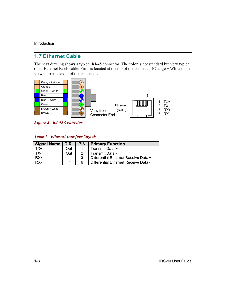 Ethernet cable, 7 ethernet cable -8, Figure 2 - rj-45 connector -8 | Table 1 - ethernet interface signals -8, 7 ethernet cable | Lantronix Device Server UDS 10 User Manual | Page 22 / 139