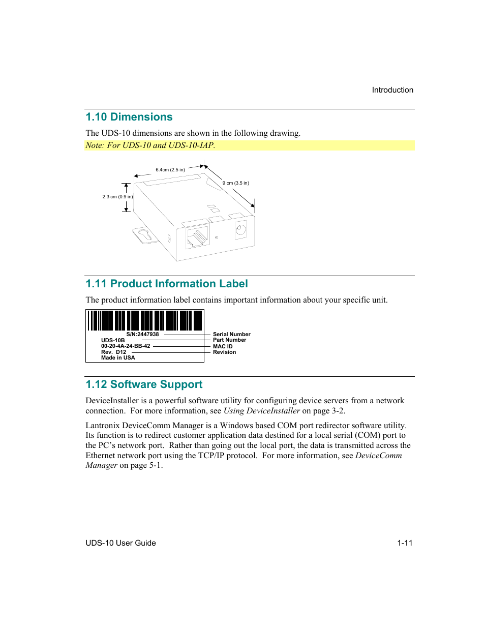Dimensions, Product information label, Software support | 10 dimensions -11, 11 product information label -11, 12 software support -11, 10 dimensions, 11 product information label, 12 software support | Lantronix Device Server UDS 10 User Manual | Page 25 / 139