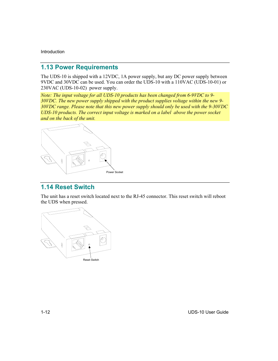 Power requirements, Reset switch, 13 power requirements -12 | 14 reset switch -12, 13 power requirements, 14 reset switch | Lantronix Device Server UDS 10 User Manual | Page 26 / 139