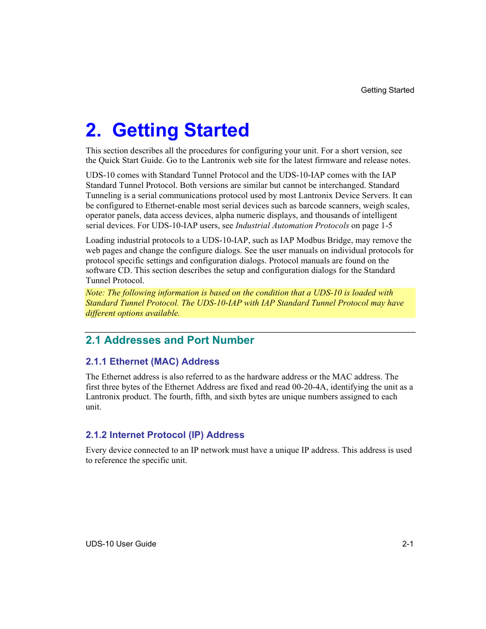 Getting started, Addresses and port number, Ethernet (mac) address | Internet protocol (ip) address, Getting started -1, 1 addresses and port number -1, 1 ethernet (mac) address -1, 2 internet protocol (ip) address -1 | Lantronix Device Server UDS 10 User Manual | Page 29 / 139