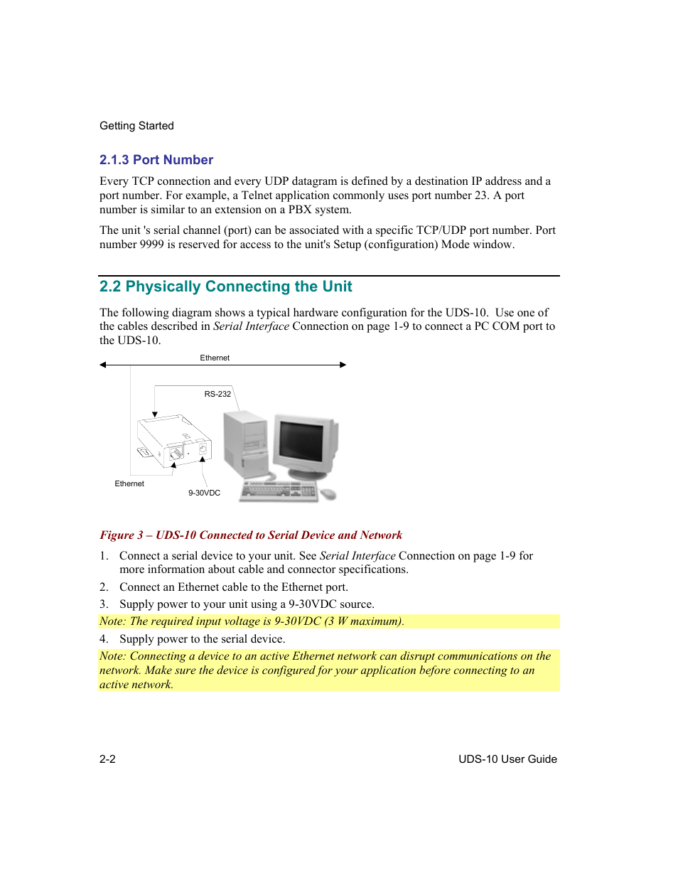 Port number, Physically connecting the unit, 3 port number -2 | 2 physically connecting the unit -2, 2 physically connecting the unit | Lantronix Device Server UDS 10 User Manual | Page 30 / 139