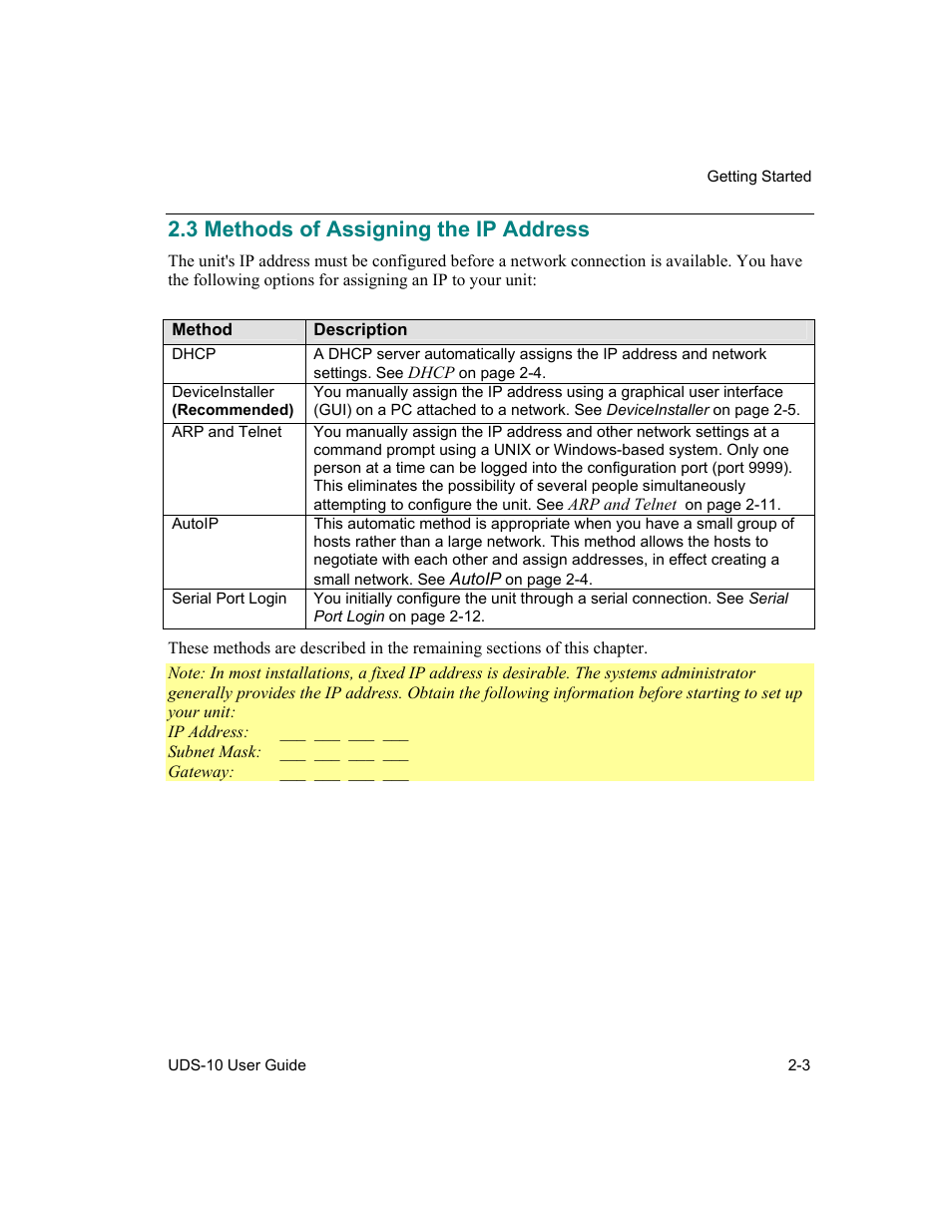 Methods of assigning the ip address, 3 methods of assigning the ip address -3, 3 methods of assigning the ip address | Lantronix Device Server UDS 10 User Manual | Page 31 / 139