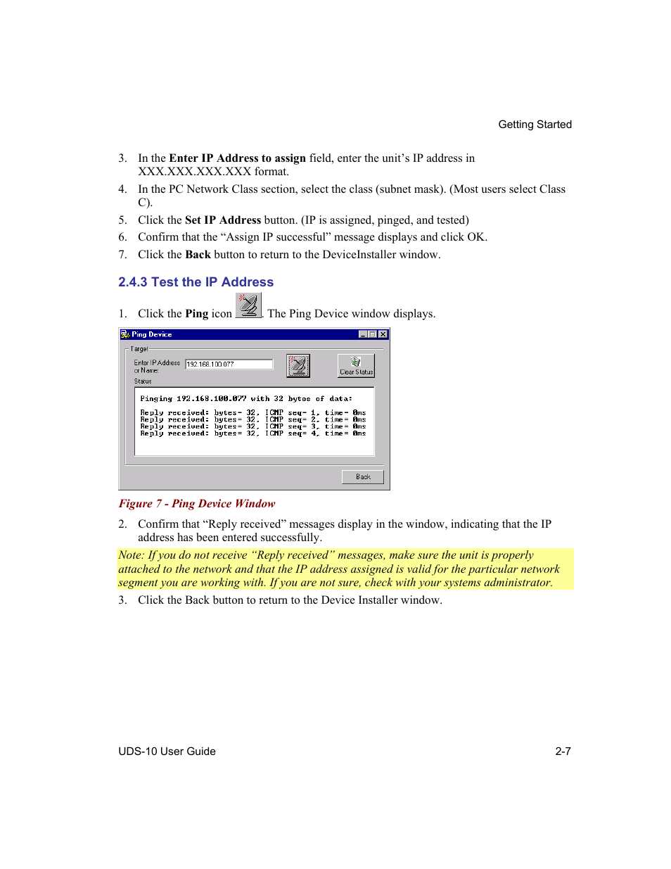 Test the ip address, 3 test the ip address -7, Figure 7 - ping device window -7 | Lantronix Device Server UDS 10 User Manual | Page 35 / 139