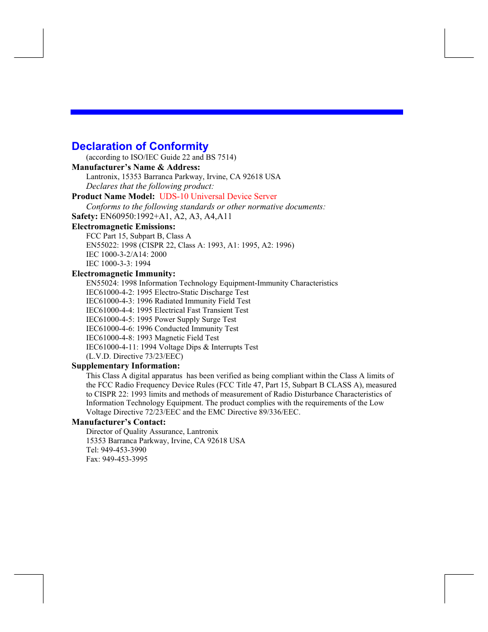 Declaration of conformity | Lantronix Device Server UDS 10 User Manual | Page 4 / 139
