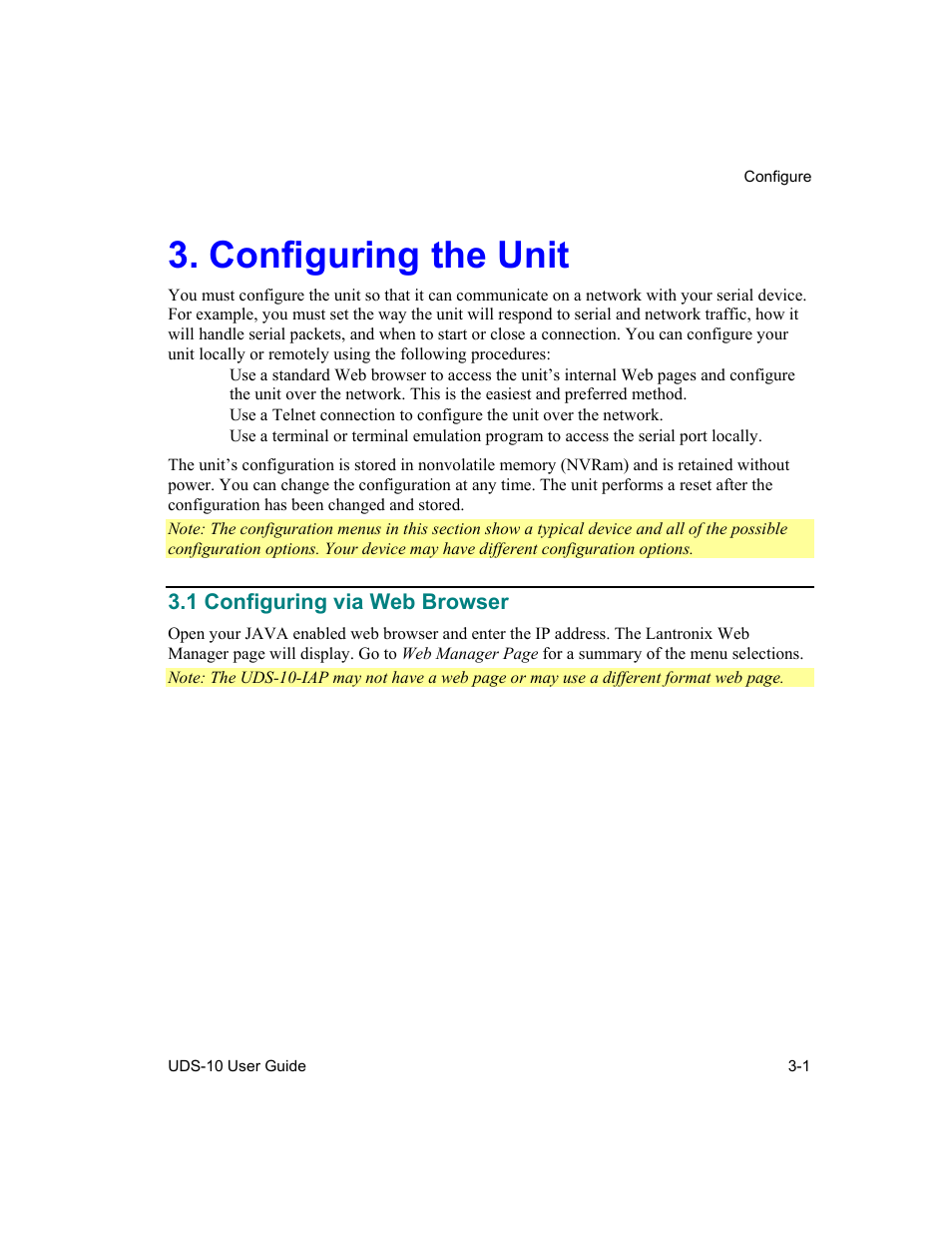 Configuring the unit, Configuring via web browser, Configuring the unit -1 | 1 configuring via web browser -1 | Lantronix Device Server UDS 10 User Manual | Page 41 / 139