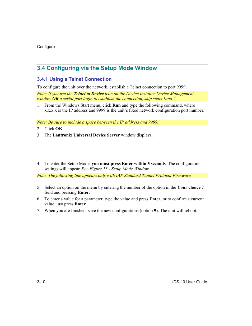 Configuring via the setup mode window, Using a telnet connection, 4 configuring via the setup mode window -10 | 1 using a telnet connection -10, 4 configuring via the setup mode window | Lantronix Device Server UDS 10 User Manual | Page 50 / 139