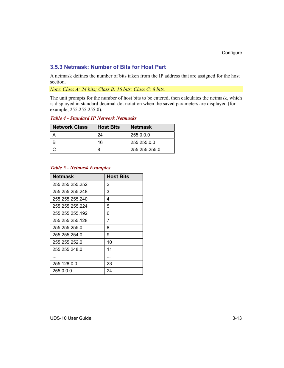 Netmask: number of bits for host part, 3 netmask: number of bits for host part -13, Table 4 - standard ip network netmasks -13 | Table 5 - netmask examples -13 | Lantronix Device Server UDS 10 User Manual | Page 53 / 139