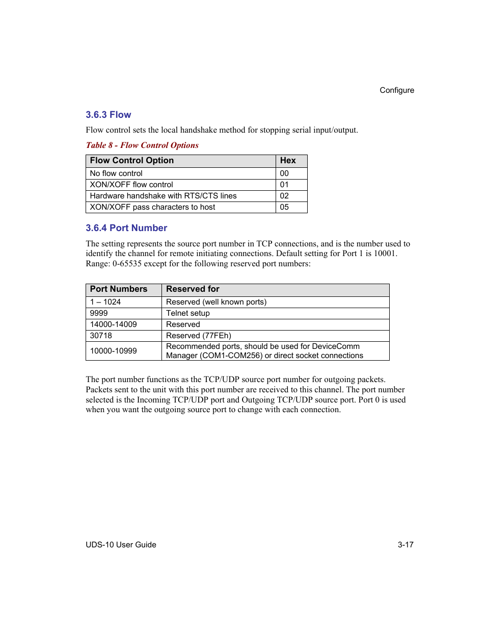 Flow, Port number, 3 flow -17 | 4 port number -17, Table 8 - flow control options -17 | Lantronix Device Server UDS 10 User Manual | Page 57 / 139