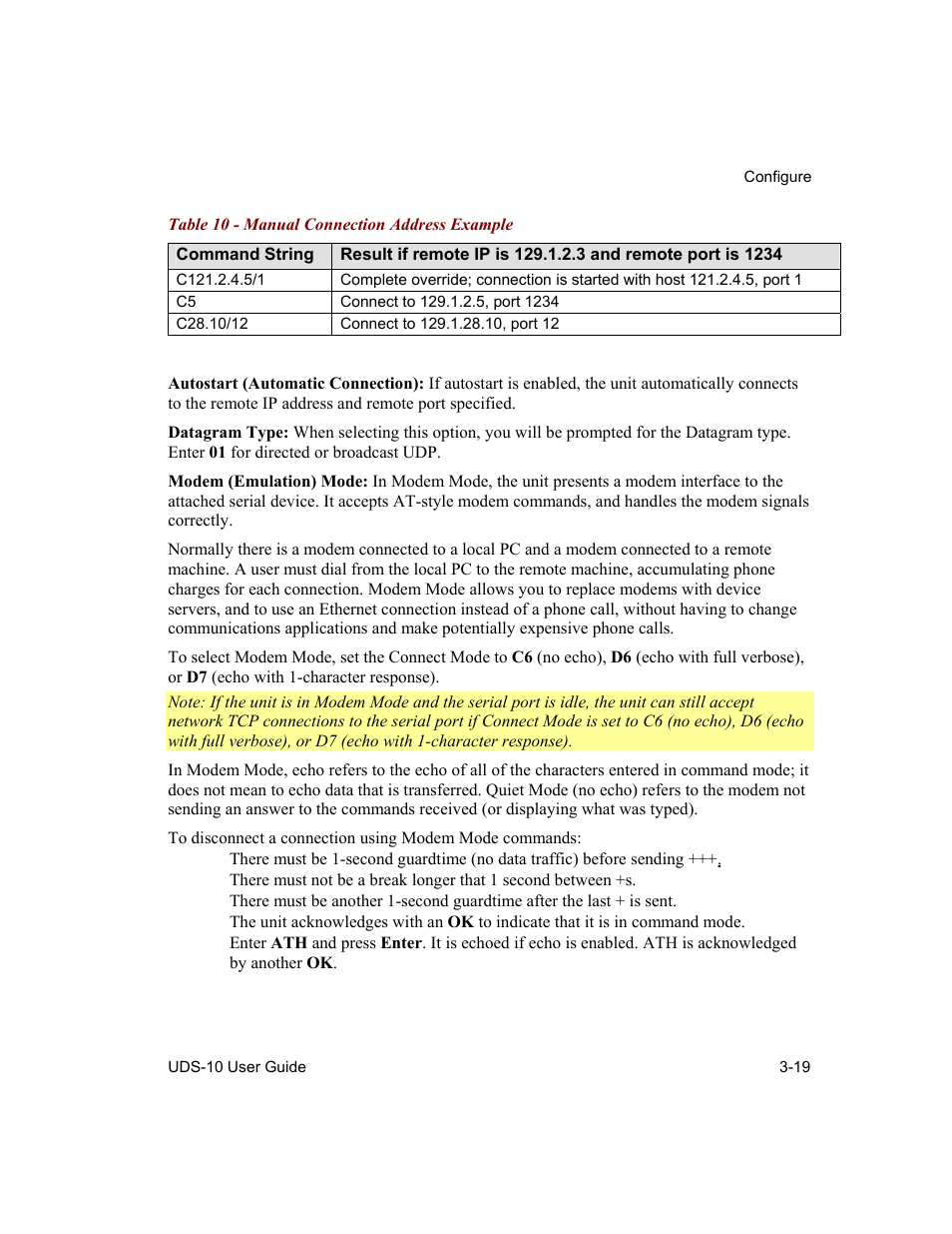 Table 10 - manual connection address example -19 | Lantronix Device Server UDS 10 User Manual | Page 59 / 139