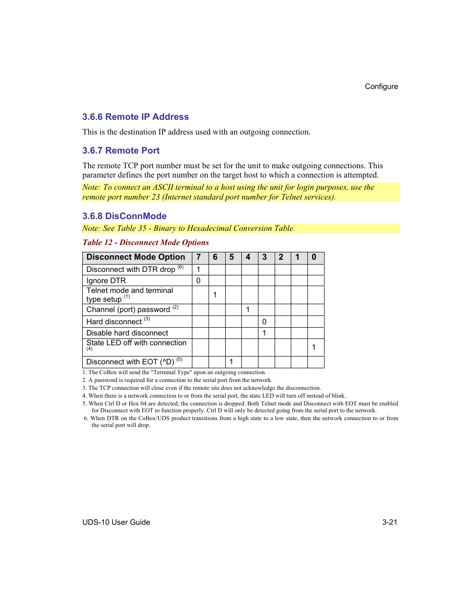 Remote ip address, Remote port, Disconnmode | 6 remote ip address -21, 7 remote port -21, 8 disconnmode -21, Table 12 - disconnect mode options -21 | Lantronix Device Server UDS 10 User Manual | Page 61 / 139