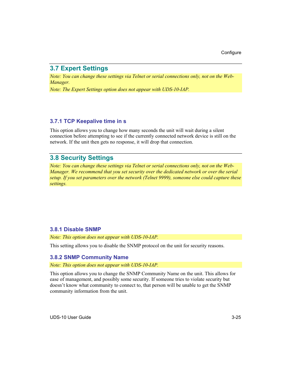 Expert settings, Tcp keepalive time in s, Security settings | Disable snmp, Snmp community name, 7 expert settings -25, 1 tcp keepalive time in s -25, 8 security settings -25, 1 disable snmp -25, 2 snmp community name -25 | Lantronix Device Server UDS 10 User Manual | Page 65 / 139
