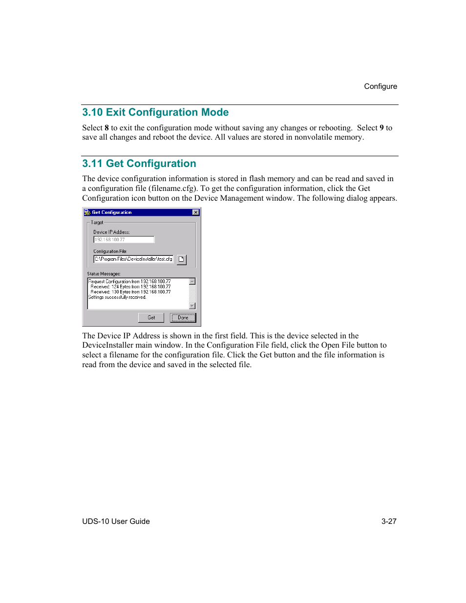 Exit configuration mode, Get configuration, 10 exit configuration mode -27 | 11 get configuration -27, 10 exit configuration mode, 11 get configuration | Lantronix Device Server UDS 10 User Manual | Page 67 / 139