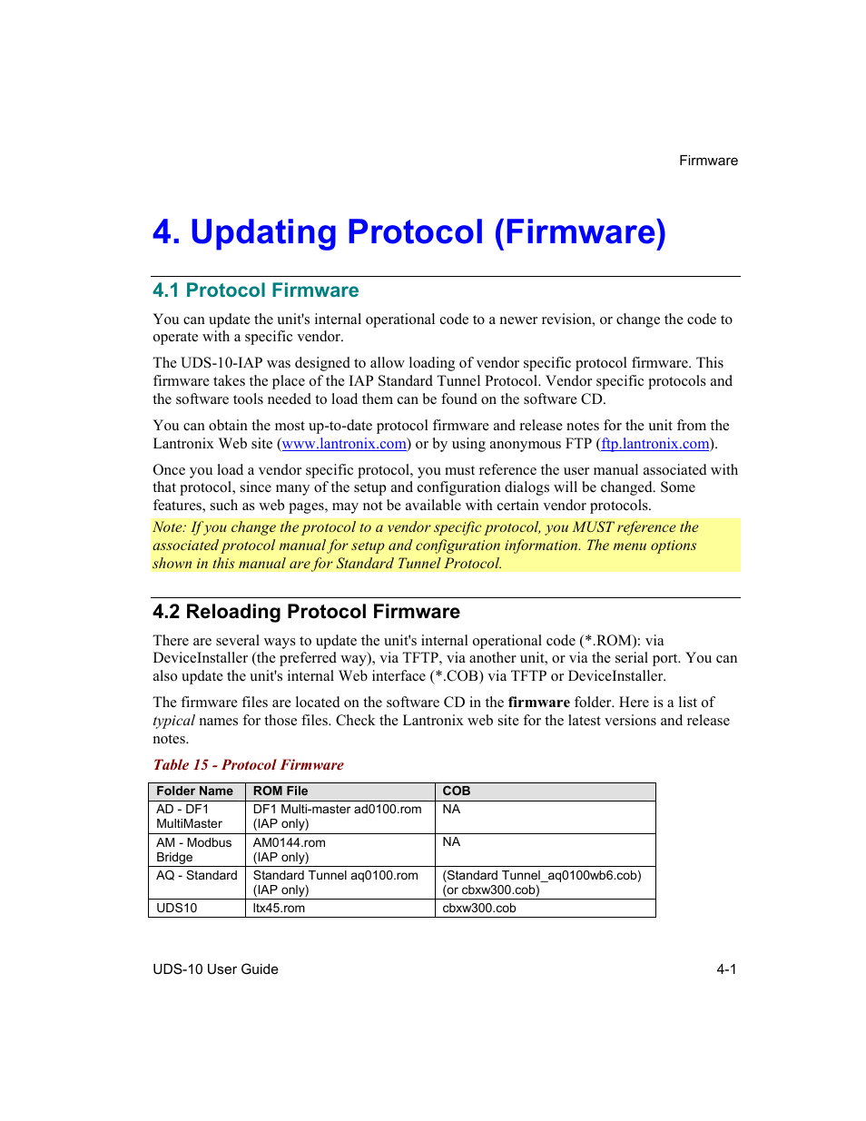 Updating protocol (firmware), Protocol firmware, Reloading protocol firmware | Updating protocol (firmware) -1, 1 protocol firmware -1, 2 reloading protocol firmware -1, Table 15 - protocol firmware -1, 1 protocol firmware, 2 reloading protocol firmware | Lantronix Device Server UDS 10 User Manual | Page 69 / 139