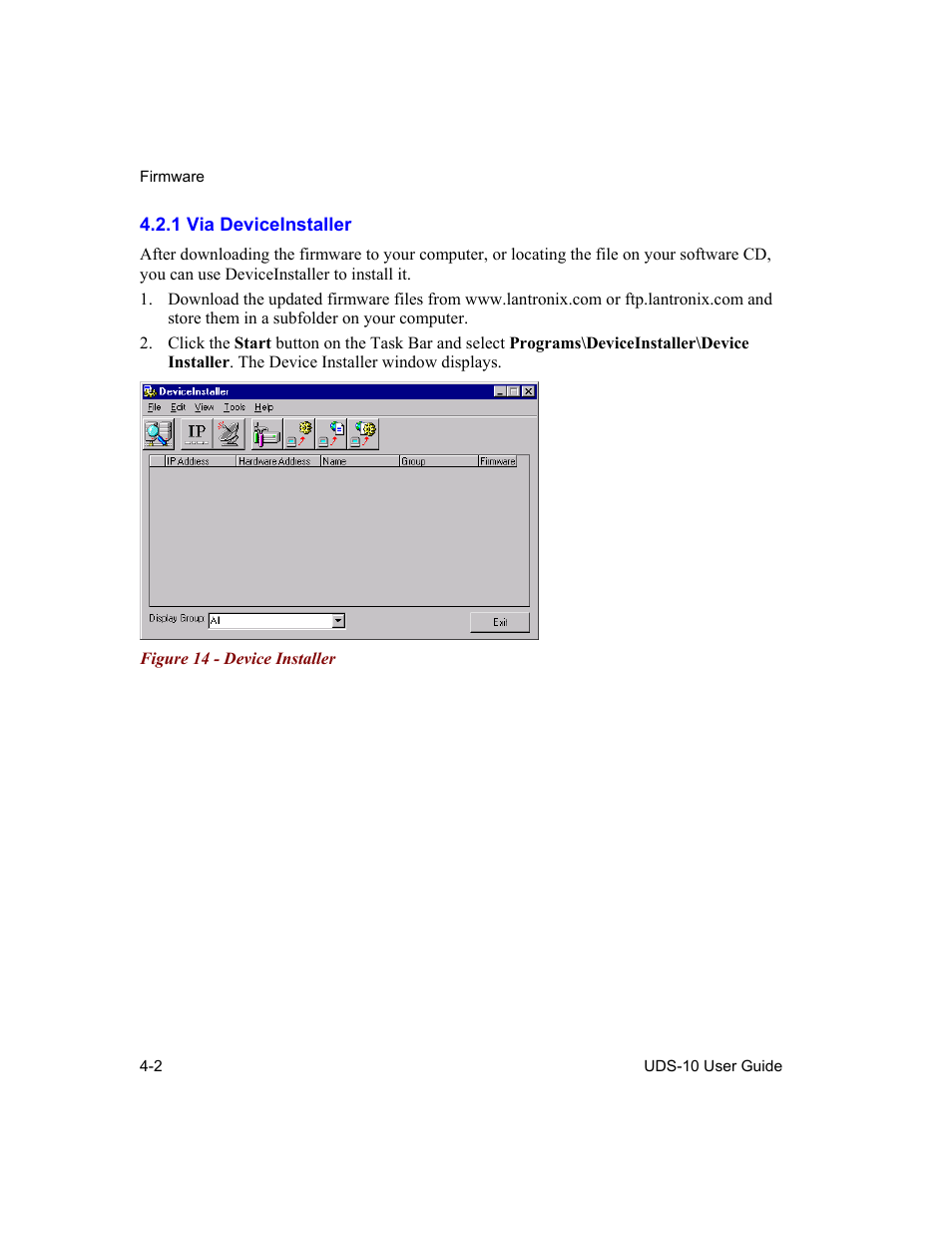 Via deviceinstaller, 1 via deviceinstaller -2, Figure 14 - device installer -2 | Lantronix Device Server UDS 10 User Manual | Page 70 / 139