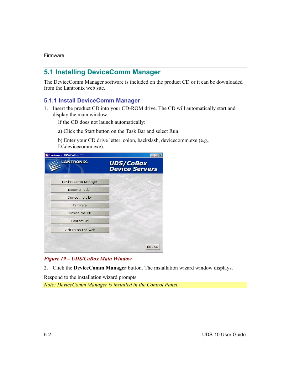 Installing devicecomm manager, Install devicecomm manager, 1 installing devicecomm manager -2 | 1 install devicecomm manager -2, Figure 19 – uds/cobox main window -2, 1 installing devicecomm manager | Lantronix Device Server UDS 10 User Manual | Page 76 / 139