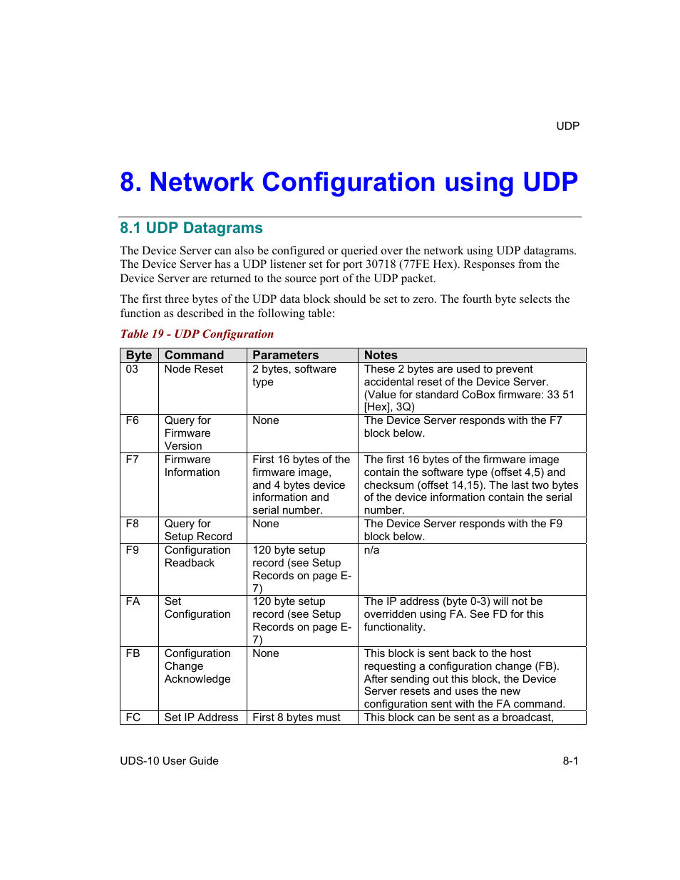 Network configuration using udp, Udp datagrams, Network configuration using udp -1 | 1 udp datagrams -1, Table 19 - udp configuration -1, 1 udp datagrams | Lantronix Device Server UDS 10 User Manual | Page 87 / 139