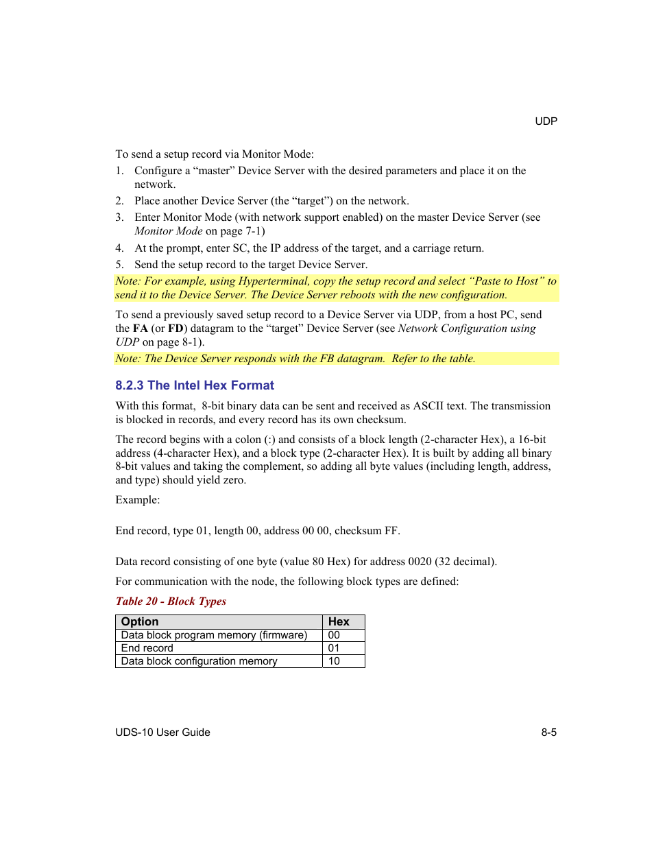 The intel hex format, 3 the intel hex format -5, Table 20 - block types -5 | Lantronix Device Server UDS 10 User Manual | Page 91 / 139