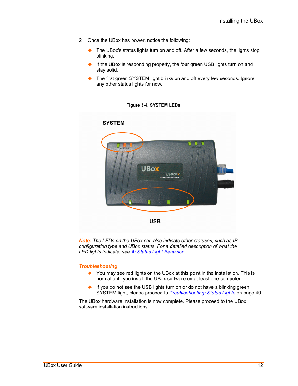 Troubleshooting, Figure 3-4. system leds | Lantronix UBox UBX4100 User Manual | Page 12 / 74