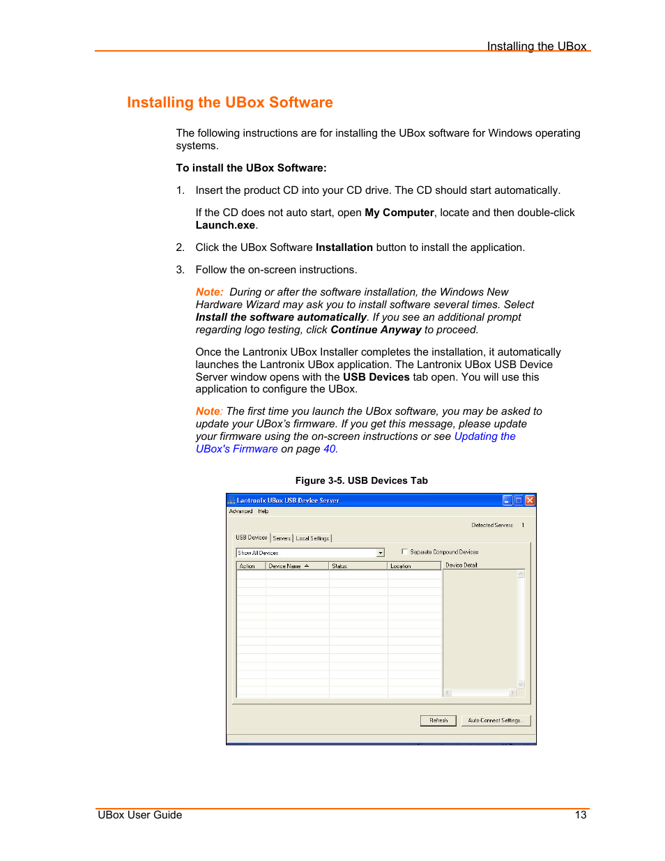 Installing the ubox software, Figure 3-5. usb devices tab | Lantronix UBox UBX4100 User Manual | Page 13 / 74