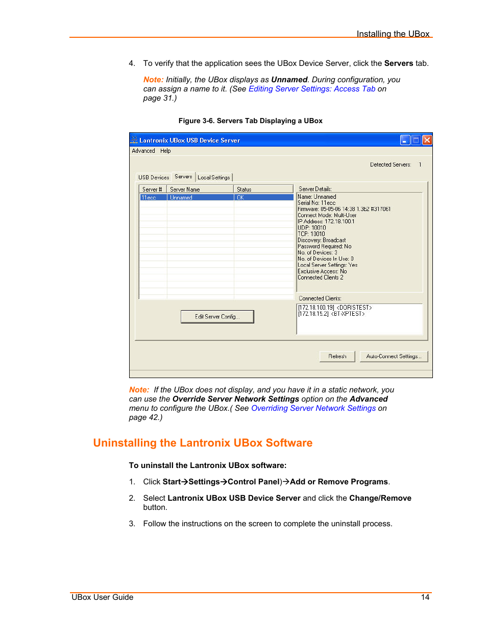 Uninstalling the lantronix ubox software, Figure 3-6. servers tab displaying a ubox | Lantronix UBox UBX4100 User Manual | Page 14 / 74