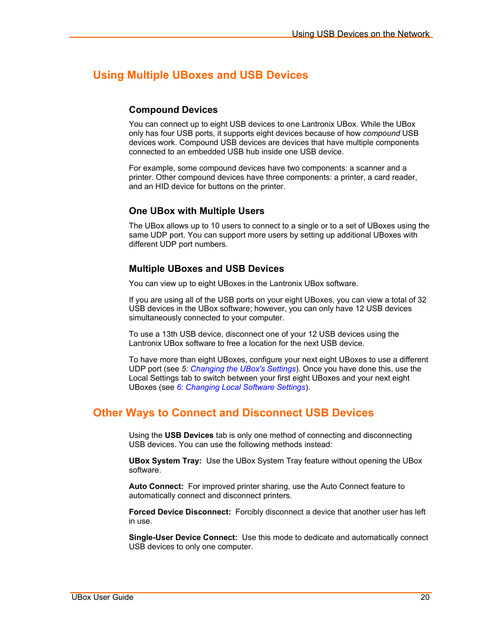 Using multiple uboxes and usb devices, Compound devices, One ubox with multiple users | Multiple uboxes and usb devices, Other ways to connect and disconnect usb devices | Lantronix UBox UBX4100 User Manual | Page 20 / 74