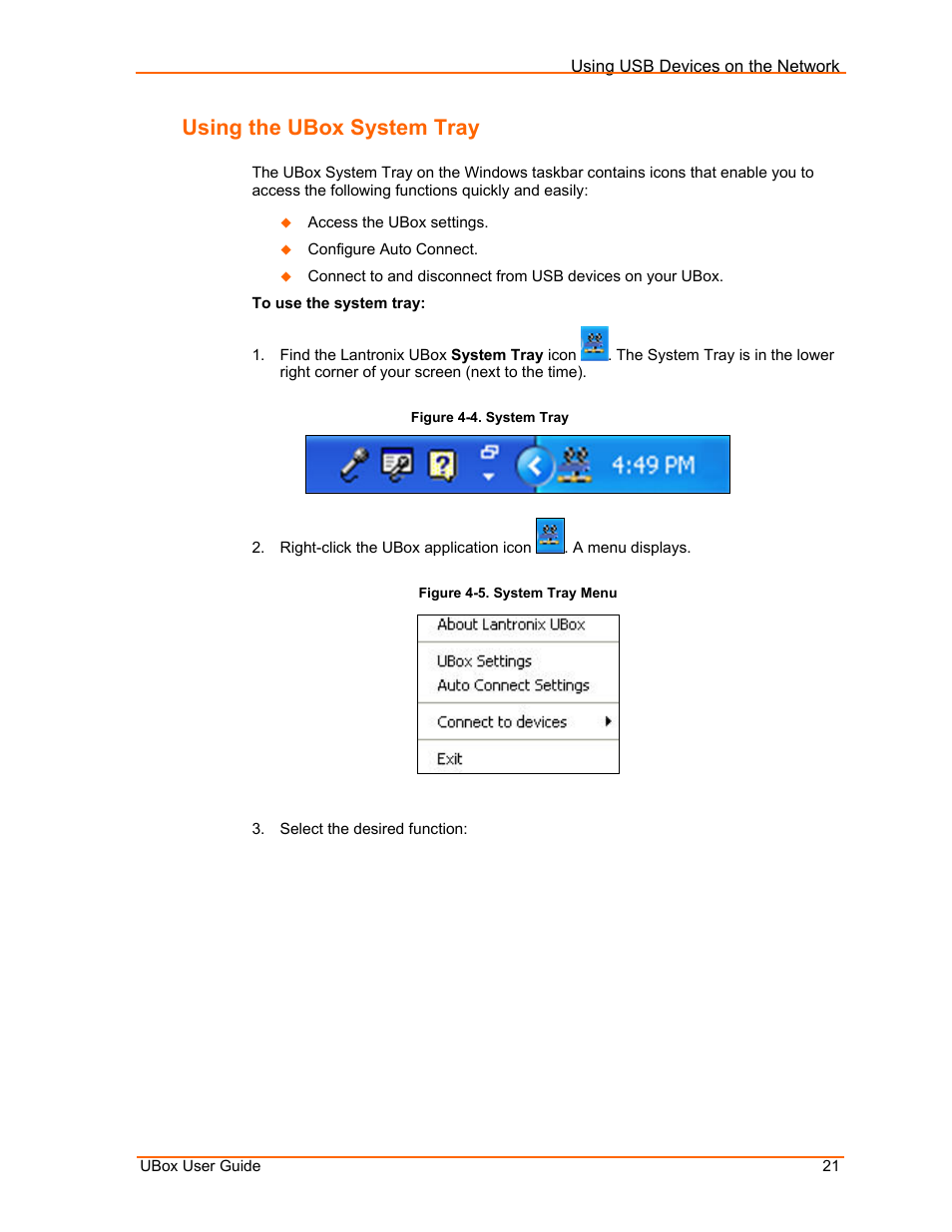 Using the ubox system tray, Figure 4-4. system tray, Figure 4-5. system tray menu | Lantronix UBox UBX4100 User Manual | Page 21 / 74