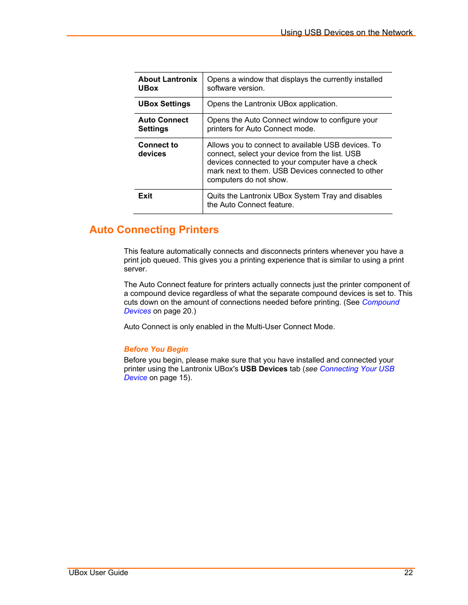 Auto connecting printers, Before you begin | Lantronix UBox UBX4100 User Manual | Page 22 / 74