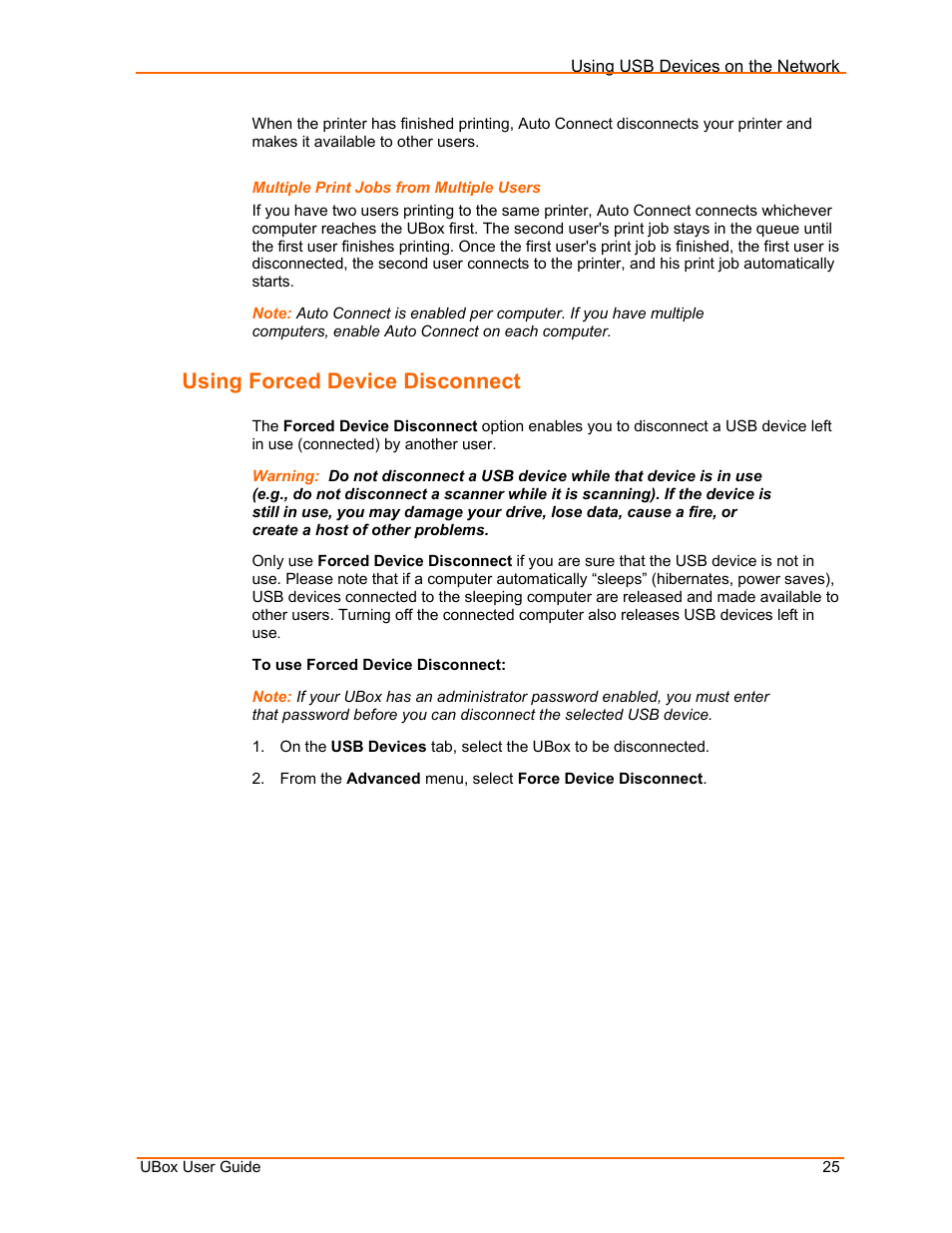 Multiple print jobs from multiple users, Using forced device disconnect, Using forced device | Disconnect | Lantronix UBox UBX4100 User Manual | Page 25 / 74