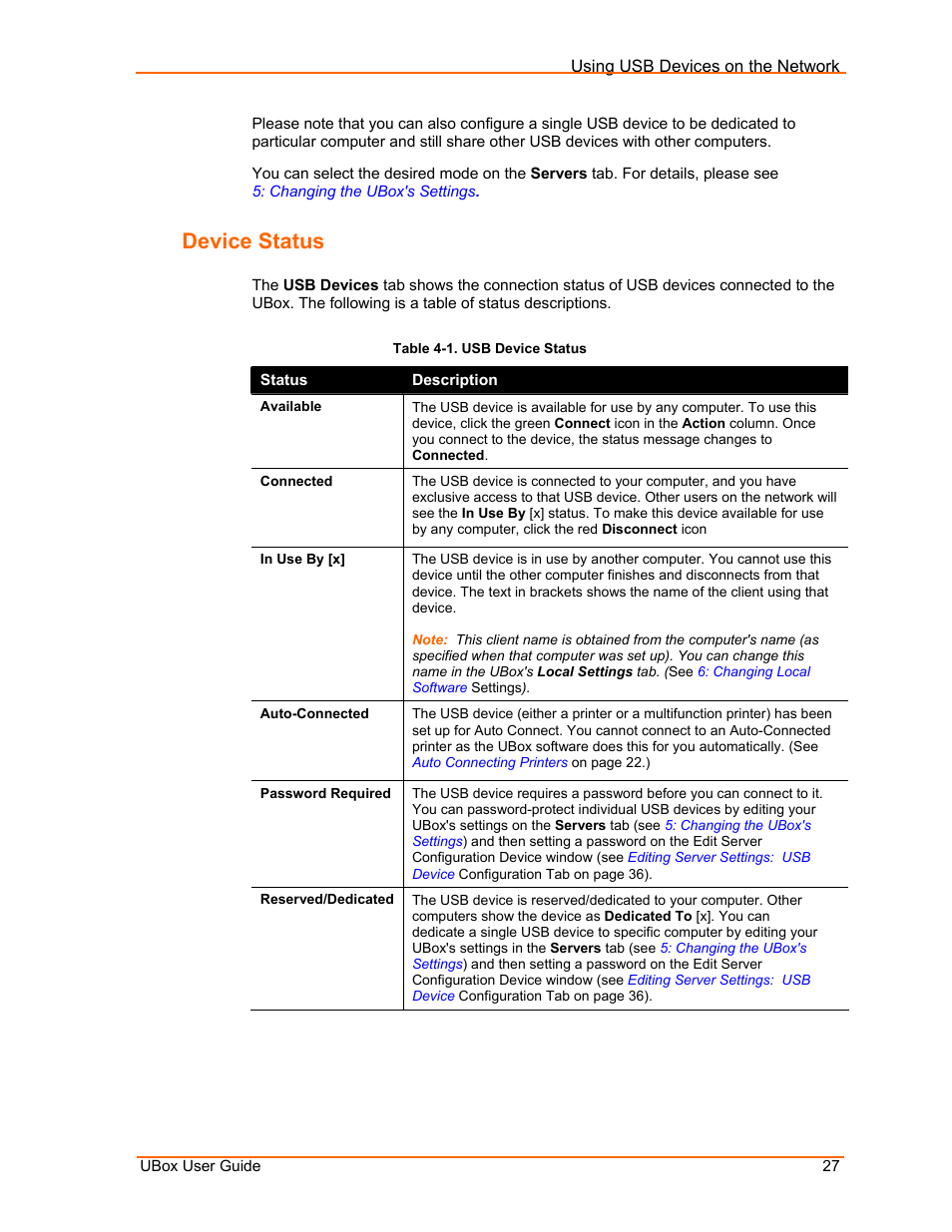 Device status, Table 4-1. usb device status, E 27.) | Lantronix UBox UBX4100 User Manual | Page 27 / 74