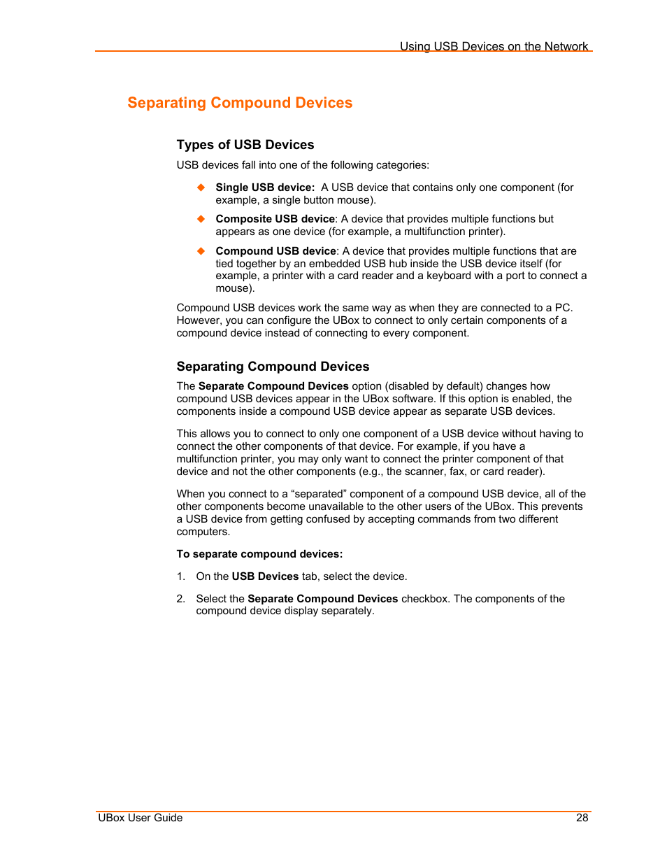 Separating compound devices, Types of usb devices | Lantronix UBox UBX4100 User Manual | Page 28 / 74