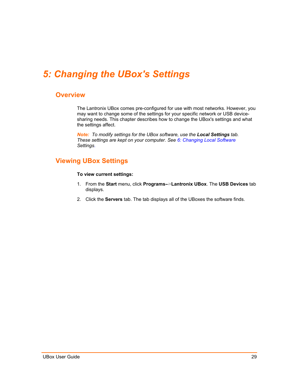 Changing the ubox's settings, Overview, Viewing ubox settings | Changing the ubox's settings 29, Changing the ubox's, Settings | Lantronix UBox UBX4100 User Manual | Page 29 / 74