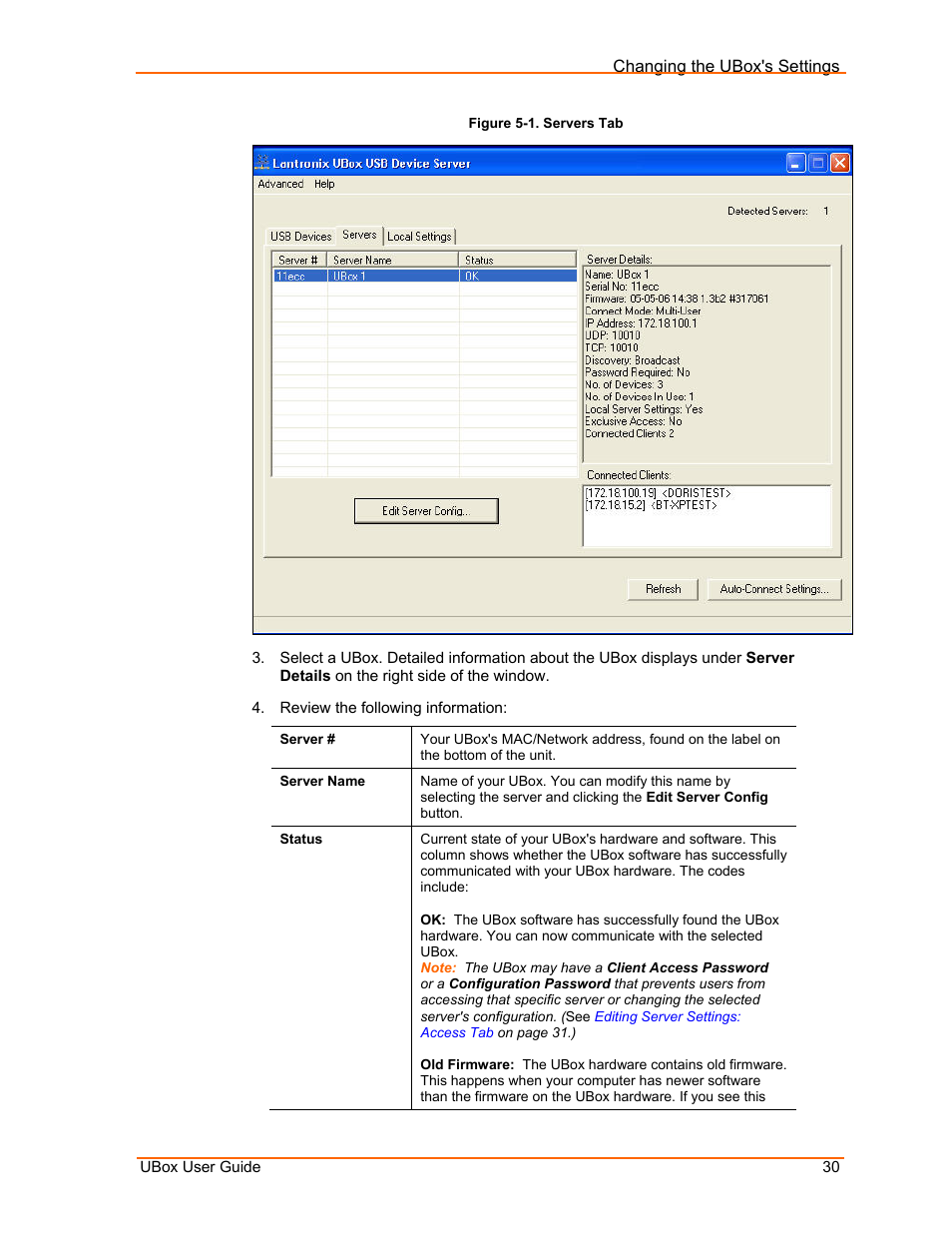 Editing server settings: access tab, Figure 5-1. servers tab | Lantronix UBox UBX4100 User Manual | Page 30 / 74