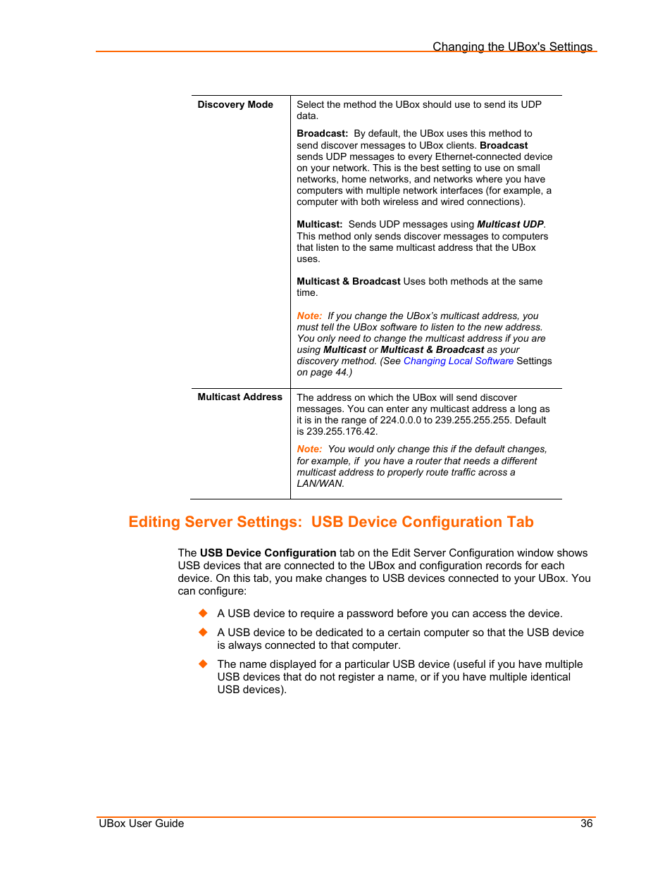Editing server settings: usb, Device | Lantronix UBox UBX4100 User Manual | Page 36 / 74