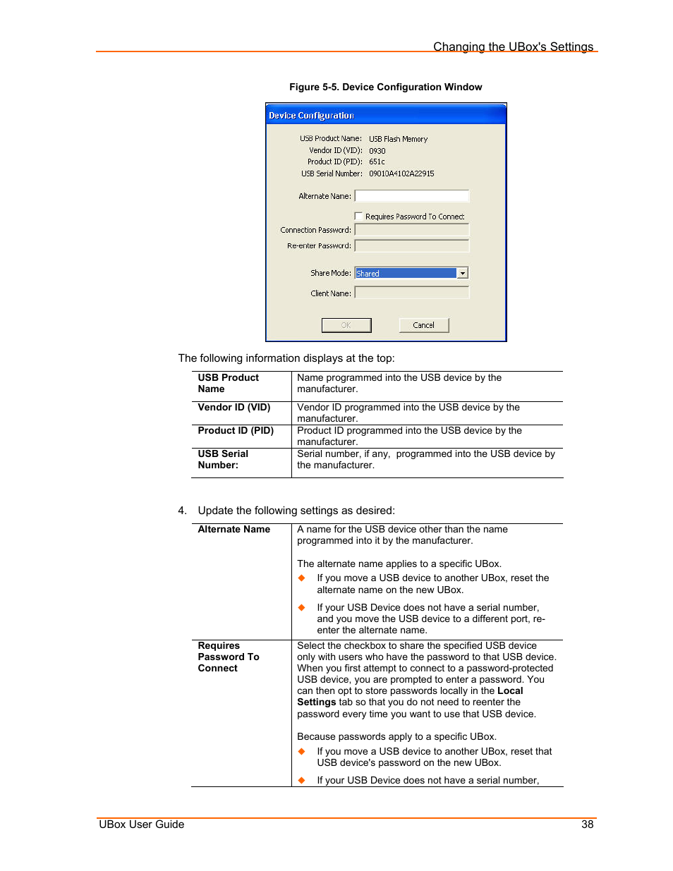 Applying, canceling, or removing server settings, Figure 5-5. device configuration window | Lantronix UBox UBX4100 User Manual | Page 38 / 74