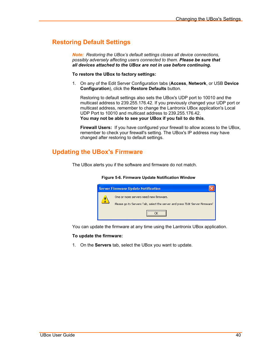 Restoring default settings, Updating the ubox's firmware, Figure 5-6. firmware update notification window | Updating the, Ubox's firmware, Button. (see, Ge 40.), Age 40 | Lantronix UBox UBX4100 User Manual | Page 40 / 74