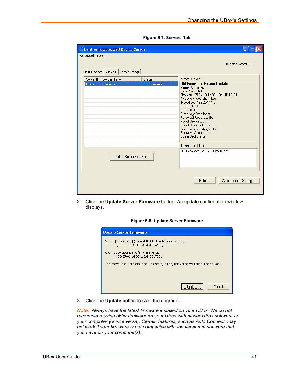 Figure 5-7. servers tab, Figure 5-8. update server firmware | Lantronix UBox UBX4100 User Manual | Page 41 / 74