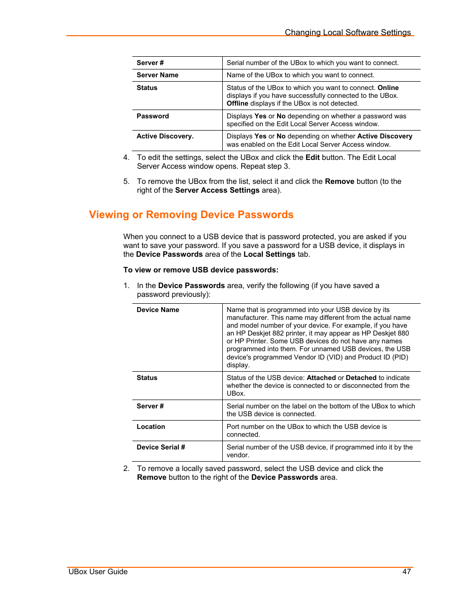 Viewing or removing device passwords, Viewing or, Removing device passwords on pa | Lantronix UBox UBX4100 User Manual | Page 47 / 74