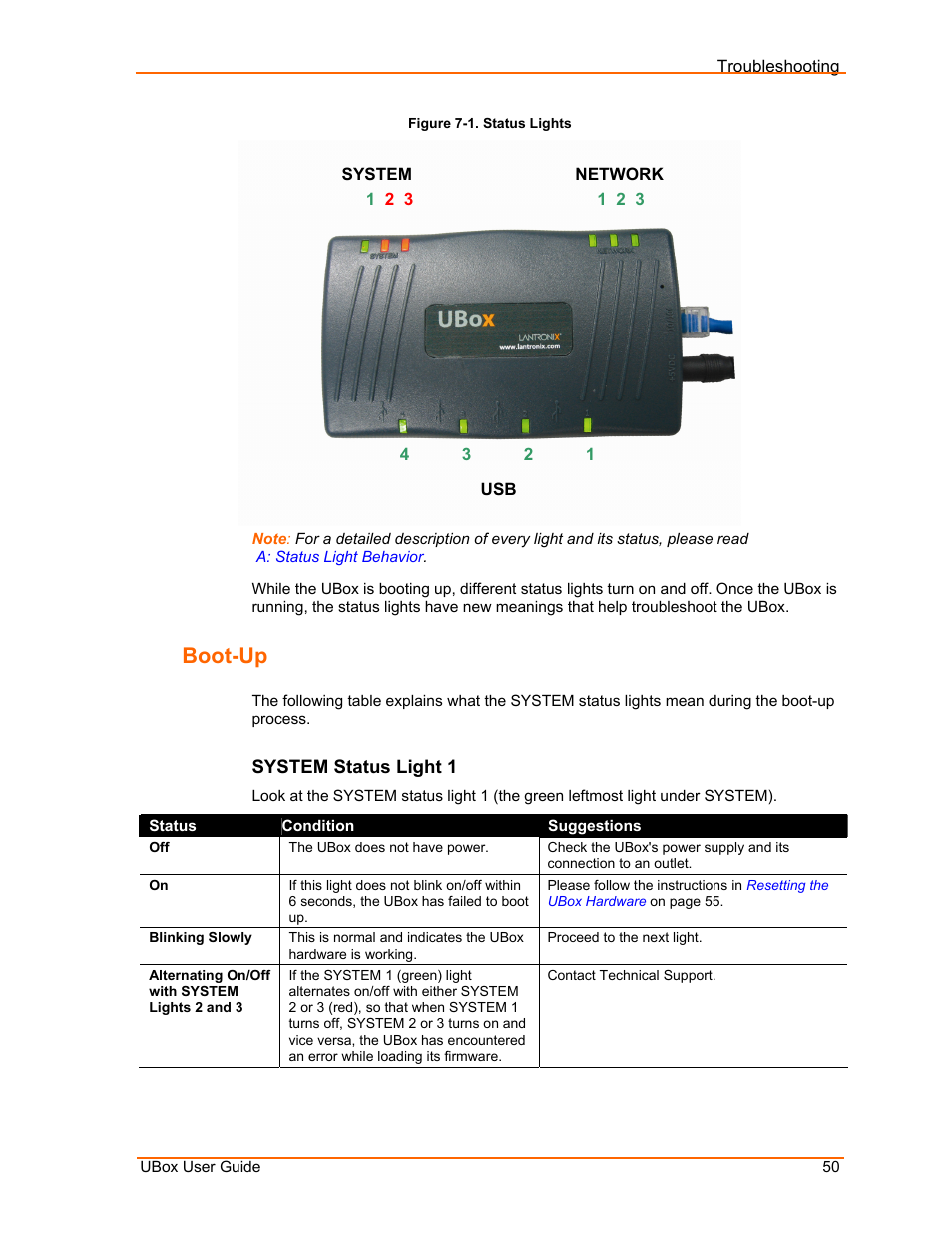 Boot-up, System status light 1, Figure 7-1. status lights | Lantronix UBox UBX4100 User Manual | Page 50 / 74