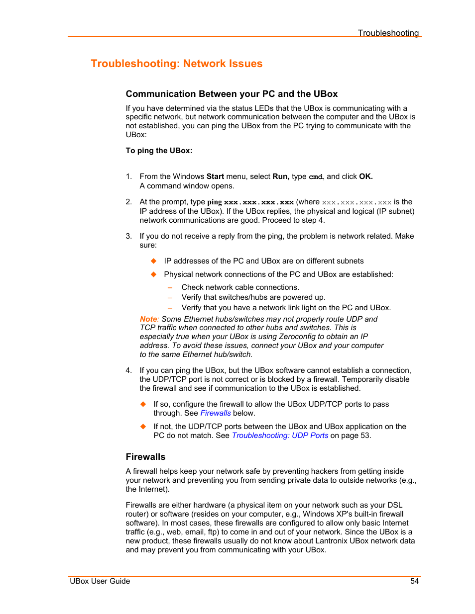 Troubleshooting: network issues, Communication between your pc and the ubox, Firewalls | Lantronix UBox UBX4100 User Manual | Page 54 / 74