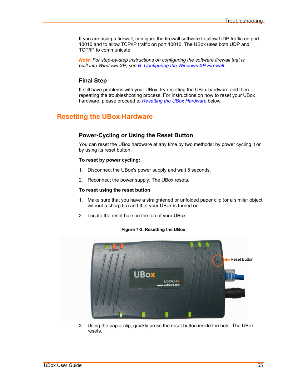 Final step, Resetting the ubox hardware, Power-cycling or using the reset button | Figure 7-2. resetting the ubox, E 55.), Resetting the, Ubox hardware, Ge 55) | Lantronix UBox UBX4100 User Manual | Page 55 / 74