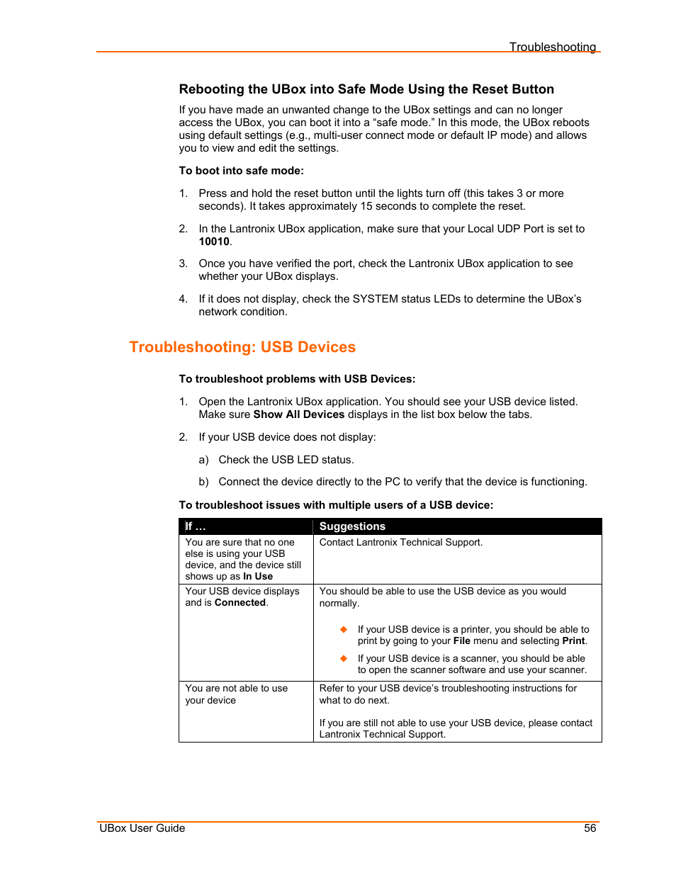 Troubleshooting: usb devices, Ed to, Troubleshooting | Lantronix UBox UBX4100 User Manual | Page 56 / 74