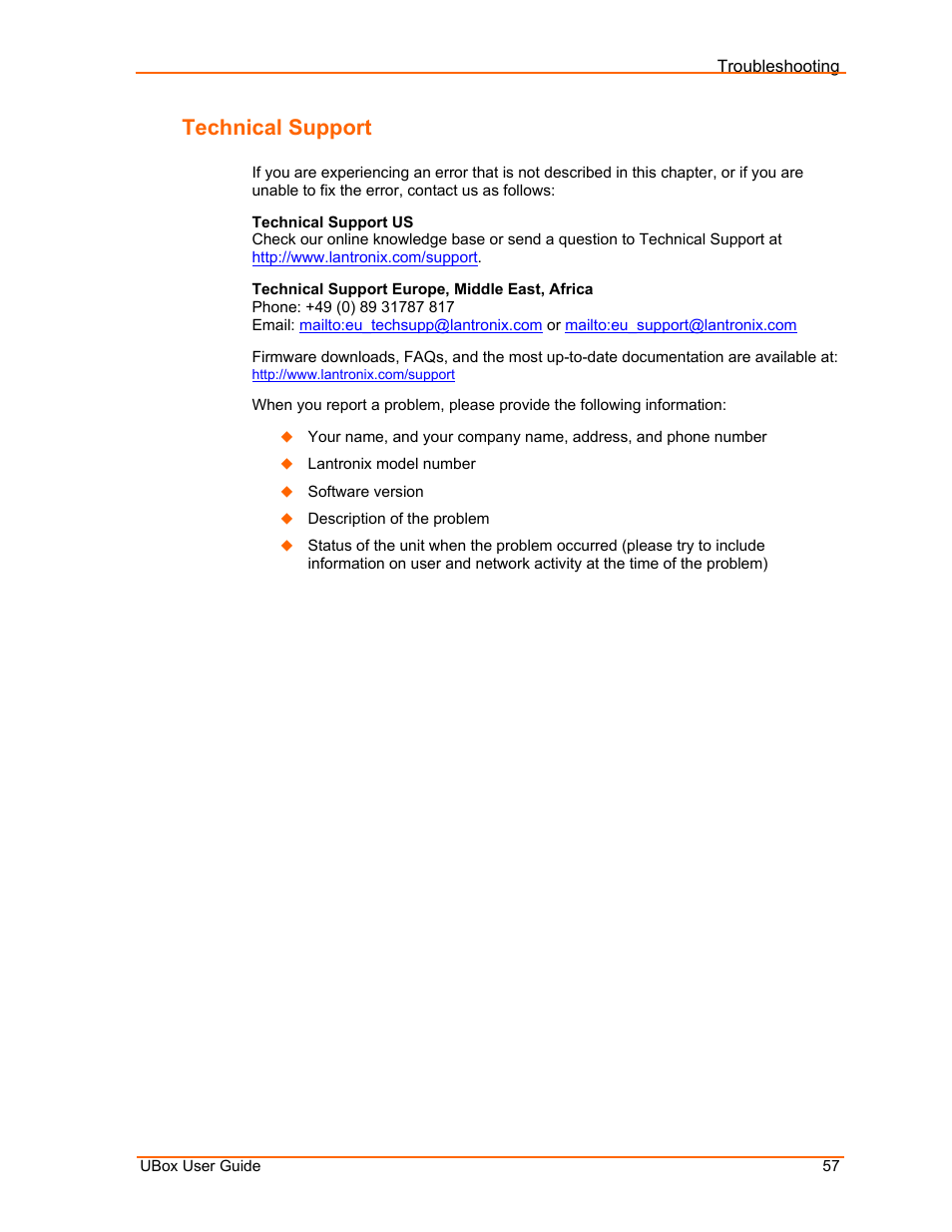 Technical support | Lantronix UBox UBX4100 User Manual | Page 57 / 74